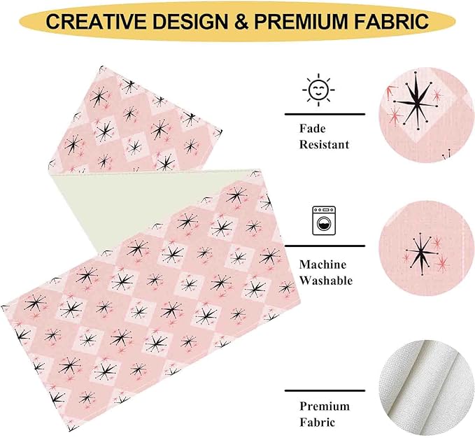 Pink Table Runner, Retro Mid Century 1950s Checkered Modern Abstract Geometric Coffee Table Center Decor for Home Kitchen Dining Patio Holiday Party Indoor Outdoor Table Decorations, 13"x72" Inch