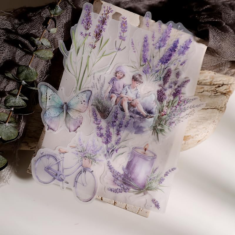 Vintage Vellum Stickers Floral Plants Elements Scrapbooking Supplies Flowers Botanic Natural Translucent Paper Self-Adhesive Junk-Journal Items (Lavender)