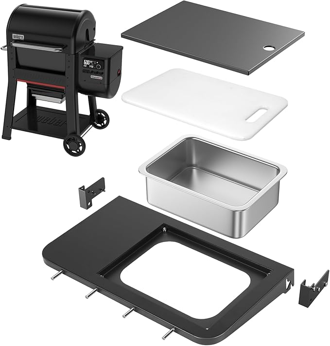 Utheer Front Folding Grill Table for Weber Searwood 600 – 23" x 14" Large Front Shelf with Stainless Steel Basin, Works Cutting Board, Lid & 5 Hooks, Heavy-Duty Weber Searwood 600 Accessories