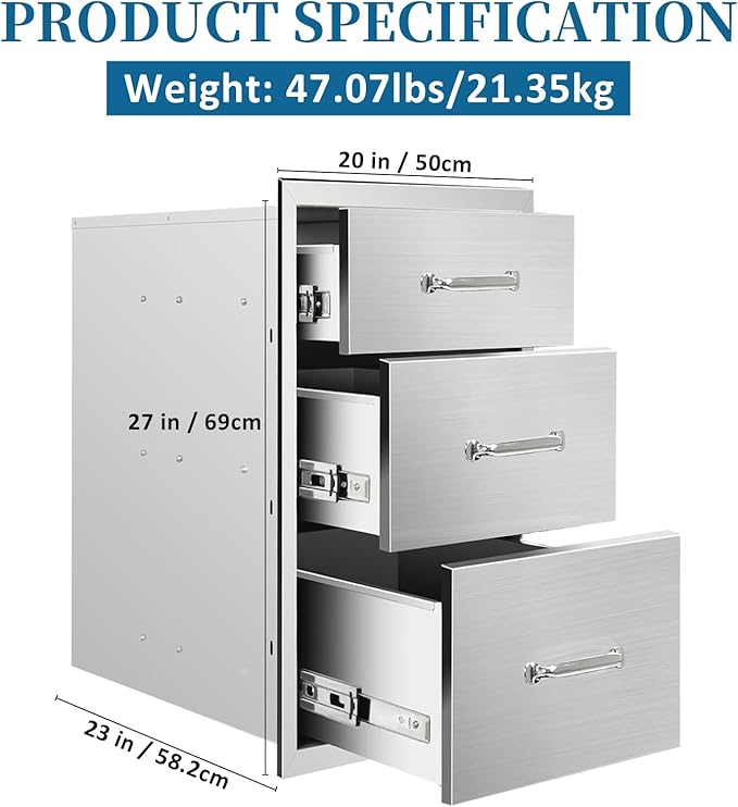 Outdoor Kitchen Drawers 20"Wx27"Hx23"D Flush Mount Access 3-Drawer BBQ Stainless Steel Drawers with Handle for Outdoor Kitchen Island or Grill Station