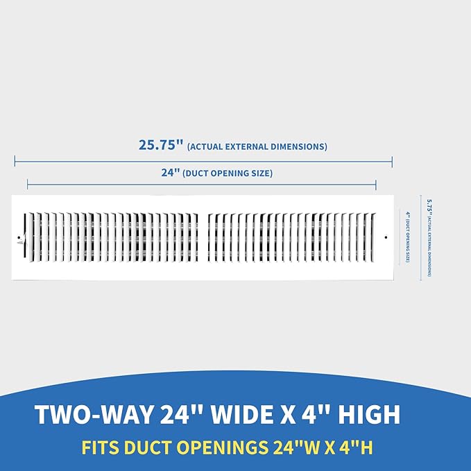 24x4 Vent Register [Duct Opening], Vent Covers for Home Ceiling, Two-Way Ventilation Register, Adjustable Solid Steel Wall Register Vent Cover (24"W x4"H [Duct Opening])