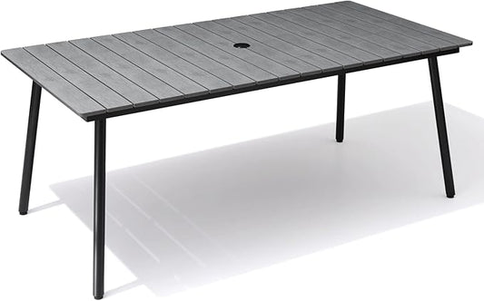 70" Patio Outdoor Dining Table for 6, Weather-Resistant Aluminum Frame with Wood-Grain Top & Umbrella Hole for Deck Gatherings, Grey