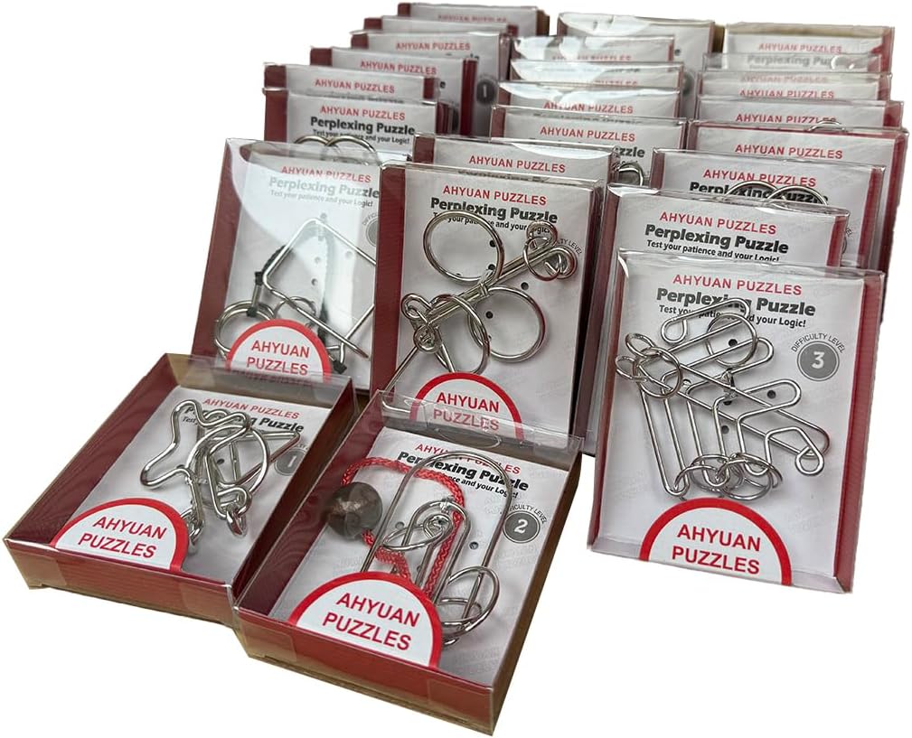 AHYUAN 24 Packs Large Metal Puzzles Brain Teaser IQ Wire Puzzles with Individual Backside Solution Paper Box Gift Package Educational Puzzle Games Toys Magic Trick Toy Party Favors for Kids Adults