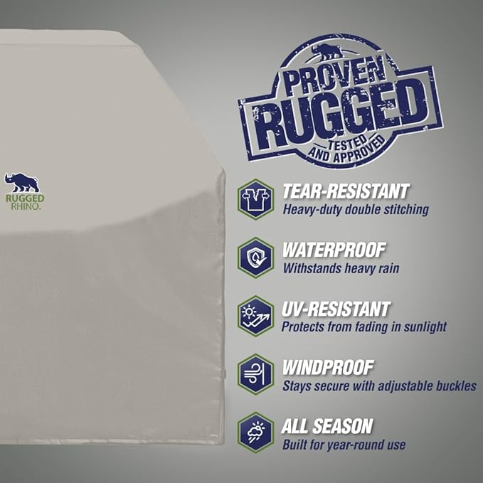 RUGGED RHINO 58 Inch Heavy Duty Grill Cover for Outdoor Grills, All Season Three Layer Waterproof UV Resistant Windproof Gas BBQ Covers, Compatible for Weber Char-Broil Pit Boss Traeger and More Beige