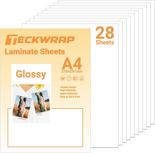 TECKWRAP Laminating Sheets Clear Laminate Sheets Sticker Paper for Inkjet Printer Clear Vinyl for Printable Vinyl Sticker Paper Photo Paper 8.26" x 11.69" A4 28 Sheets, Glossy