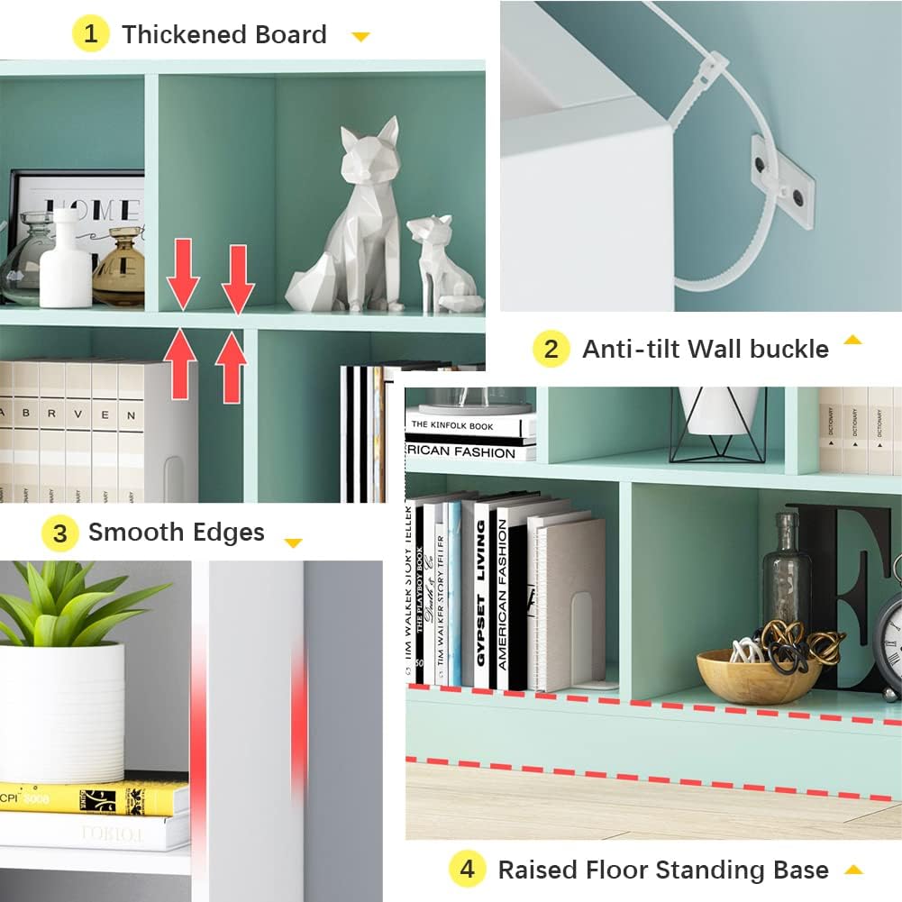 IOTXY Open Shelf Low Bookcase - Wooden 3-Tier Floor Standing Display Cabinet Organizer with Base, 5 Cubes Short Horizontal Bookshelf in Pear Yellow