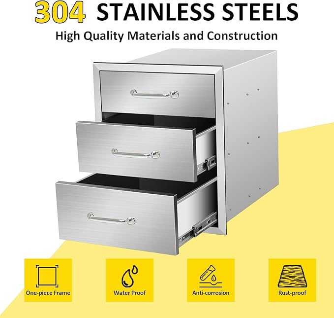 Outdoor Kitchen Drawers 18" W x 21" H x 21" D Flush Mount Triple BBQ Drawers with Chrome Handle Stainless Steel Drawer for Outdoor Kitchen Island, Patio Grill Station