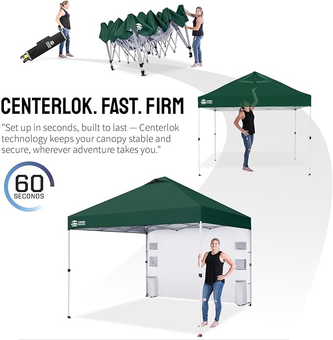 CROWN SHADES Canopy Tent 10x10 Pop Up Canopy Outdoor Shade with Pockets Sidewall, Easy Up Sun Shelter with One Person Set Up Center Lock, Portable Instant Camping Beach Canopy Tents, Forest Green