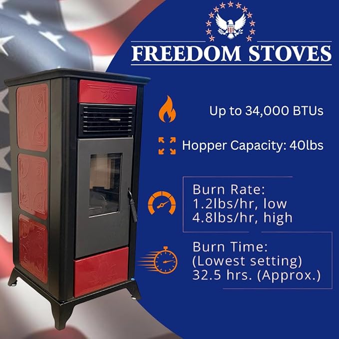 Freedom Stoves Freestanding Independence PS21 Pellet Stove: 34,700 BTUs, Battery Backup, Wi-Fi Control, Heats up to 1800 sq ft, Black Vintage Edition