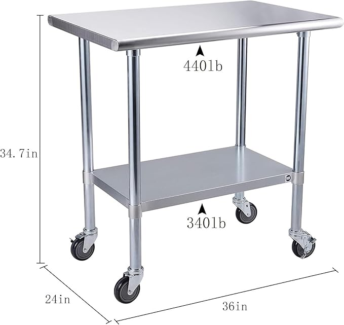 ROCKPOINT Stainless Steel Table for Prep & Work with Caster Wheels 24x36 Inches, NSF Metal Commercial Kitchen Heavy Duty Table with Adjustable Under Shelf and Table Foot for Restaurant, Home and Hotel