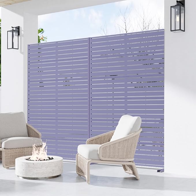 Casaphoria Metal Privacy Screen Outdoor, 72" H x 47" W Freestanding Decorative Privacy Screen for Patio Deck Balcony Garden with Stable Base, Purple-Louvered