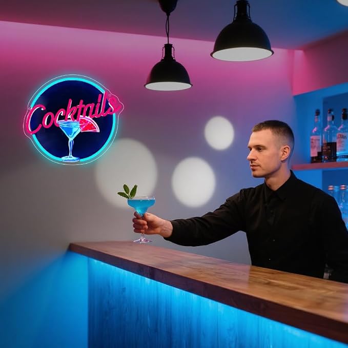 Cocktails Neon Signs for Wall Decor,UV Print Cocktails Glass LED Neon Light Up Sign for Beer Bar Art Wall Lights,Bar Party,Pub,Night Club,Man Cave Decor,Adjustable Brightness