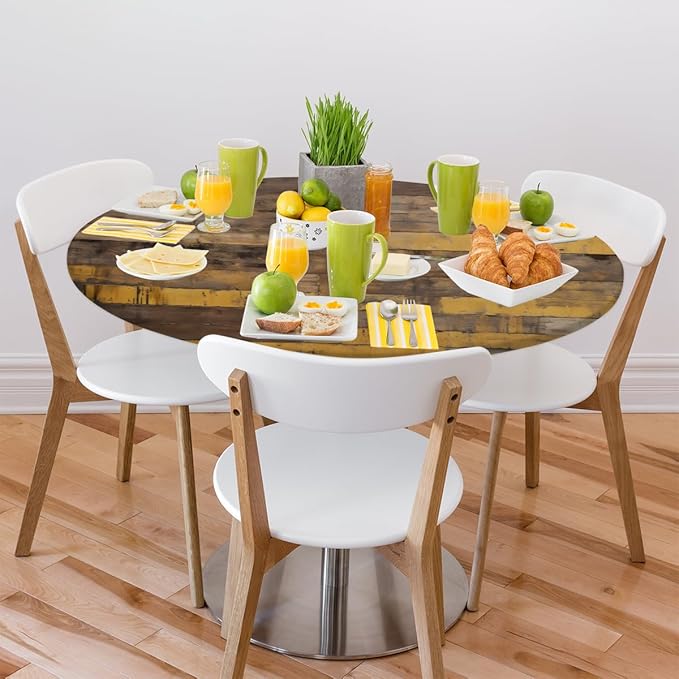 Brown Wooden Planks Retro Round Table Cloth Cover, Elastic Edge Waterproof Wipeable Tablecloths 36"-42" Polyester Tablecloth for Party Restaurant Banquet Holiday Camping Outdoor Picnic