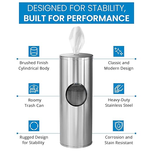 Zoom Wipes Stainless Steel Wipes Dispenser with Built-in Trash Bin – 36" Floor Stand Wipes Holder for Gyms, Offices, Homes – Sanitizing & Disinfecting Station, Commercial Grade & Rustproof.