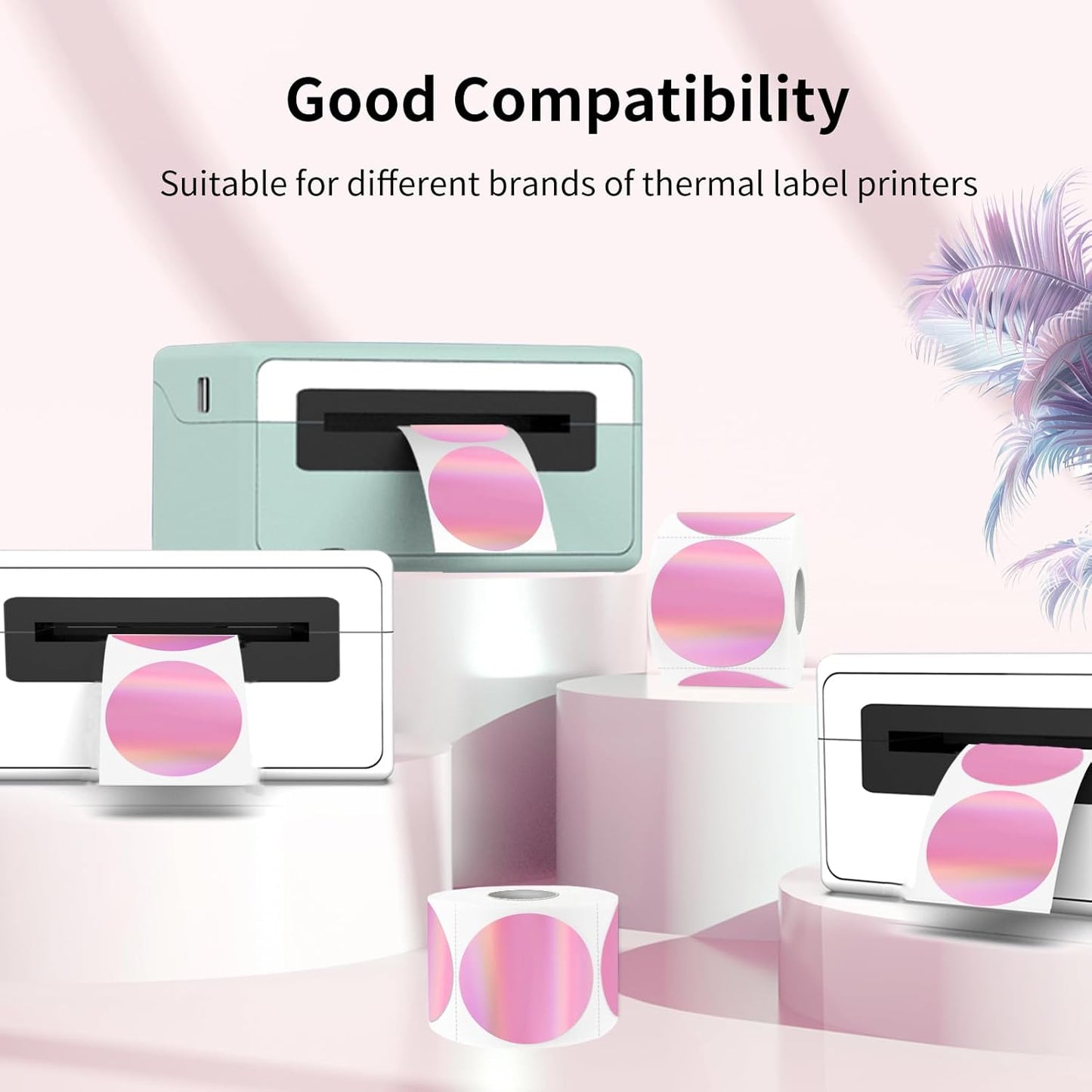 Holographic Thermal Labels Stickers 1.5 inch, Glitter Round Direct Thermal Stickers Label, Perforation Line Design- 350 Sheets/Pink