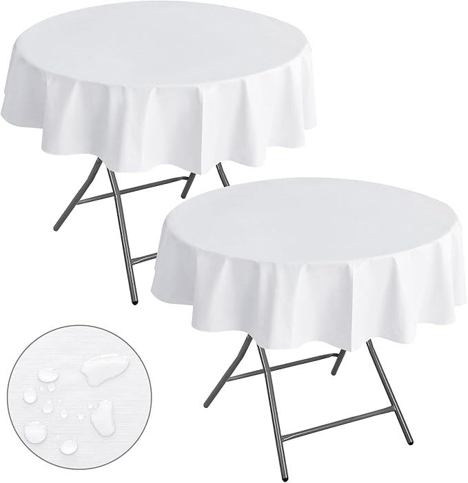 Nasitos 2 Pack Round White Tablecloth 60 Inch-Flannel Backed Vinyl Plastic Tablecloth, Waterproof Spillproof Round Plastic Table Cover Kitchen Dinning Decoration, Table Cloths for Outdoor & Indoor