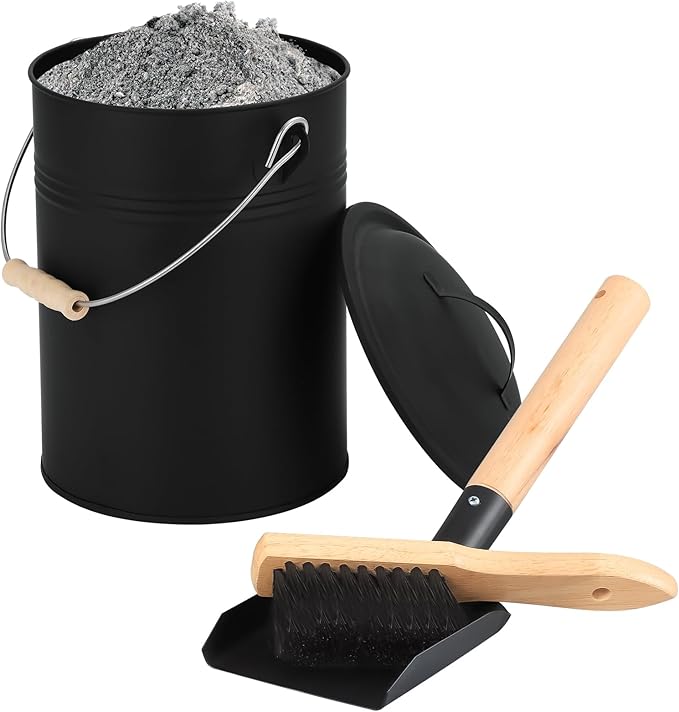 FEED GARDEN 2.5 Gallon Ash Bucket with Lid,Shovel,Broom and Screwdriver,Bucket Ash Can for Fireplace Fire Pits,Wood Stoves,Fireplace Galvanized Iron Bucket,Pellet Charcoal,Indoor Outdoor，Black
