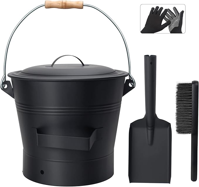 BRIAN & DANY Ash Bucket with Lid, 2.6 Gallon Fireplace Ash Bucket with Shovel and Hand Broom, Metal Bucket for Fireplace, Fire Pit, Wood Burning Stove, Black