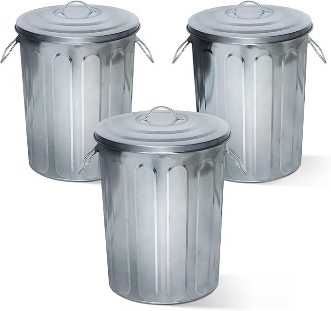 Plexon 5 Gallon Small Metal Trash Can with Lid Outdoor Galvanized Bucket with Lid 5 Gal Fireplace Ash Bucket for Wood Stove Storage Can for Dog Food Bird Seed Storage Container Rodent Pet Proof 3 Pack