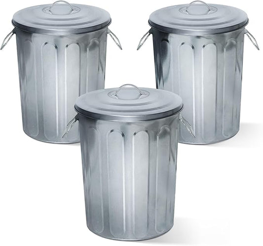 Plexon 5 Gallon Small Metal Trash Can with Lid Outdoor Galvanized Bucket with Lid 5 Gal Fireplace Ash Bucket for Wood Stove Storage Can for Dog Food Bird Seed Storage Container Rodent Pet Proof 3 Pack