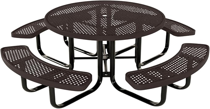 COATEDOUTDOORFURNITURE Heavy-Duty Portable Outdoor Kids Table with Umbrella Hole, Punched Steel Kids Picnic Table, Commercial-Grade, Made in America (46 in, Round, Childrens, Brown)