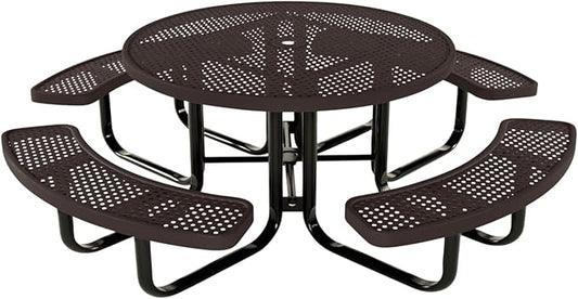 COATEDOUTDOORFURNITURE Heavy-Duty Portable Outdoor Kids Table with Umbrella Hole, Punched Steel Kids Picnic Table, Commercial-Grade, Made in America (46 in, Round, Childrens, Brown)