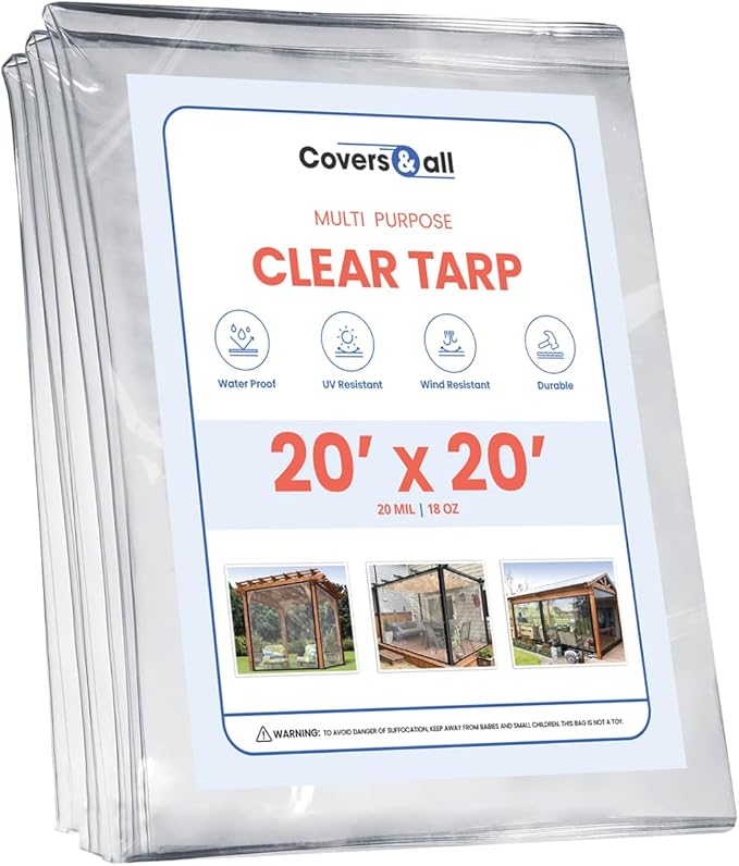 Covers & All Clear Vinyl Tarps with Grommet, 18 oz, 560 GSM 20 mil Waterproof & Tear Resistant Vinyl Coated PVC Material Tarpaulin, Perfect for Indoor & Outdoor Use (20' H x 20' W, Clear)