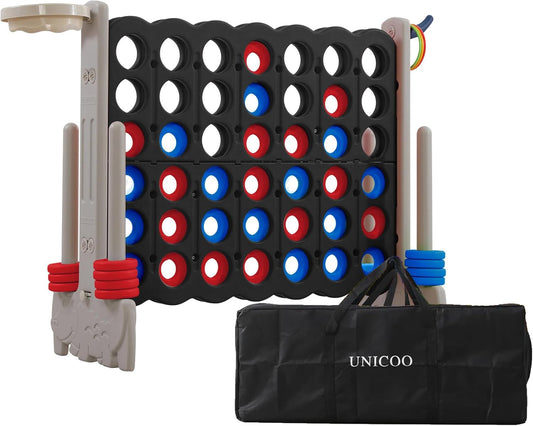UNICOO Giant 4-in-A-Row with Carry Bag, Ring Toss, Basketball Hoop - Large Outdoor Game for Family Fun - Big Jumbo Game Set for Backyard Parties, BBQs, and Gatherings (Black & Grey)