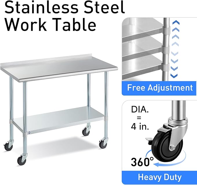 Stainless Steel Table for Prep & Work with Backsplash & Caster 24x30 Inches, NSF Commercial Kitchen Heavy Duty Table with Adjustable Under Shelf for Restaurant, Home and Hotel