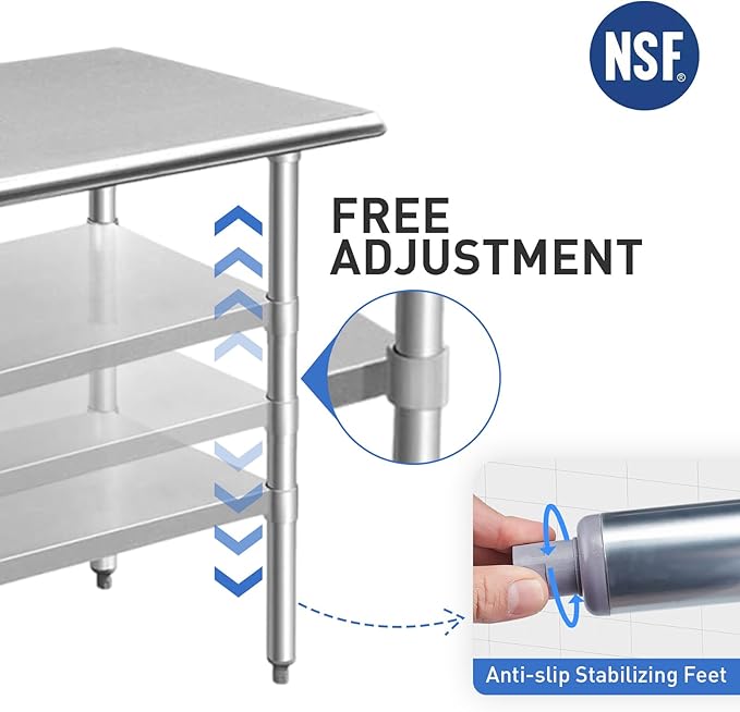 ROCKPOINT Stainless Steel Table for Prep & Work 18x60 Inches, NSF Metal Commercial Kitchen Heavy Duty Table with Adjustable Under Shelf and Table Foot for Restaurant, Home and Hotel