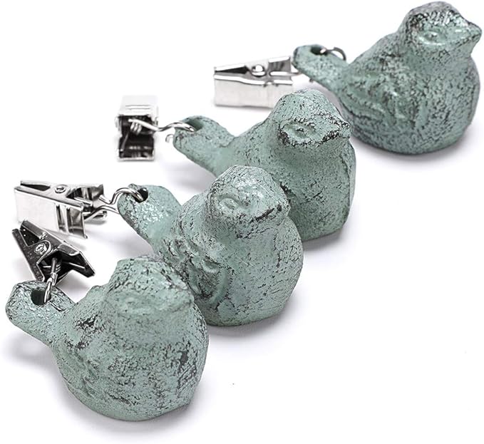 OwnMy Set of 4 Tablecloth Weights Clip on, Pendant Tablecloth Weights Kit with Cast Iron Antique Birds, Outdoor Garden Party Picnic Table Cloths Clips (Green)