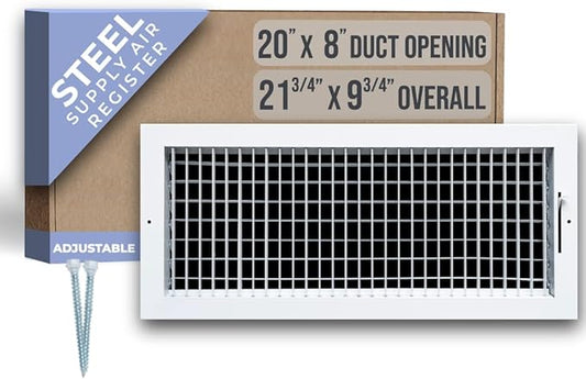 Fits 20x8 Duct Opening Steel Adjustable Air Supply Grille by Handua | Register Vent Cover Grill for Sidewall and Ceiling | White | Outer Dimensions: 21.75" X 9.75"