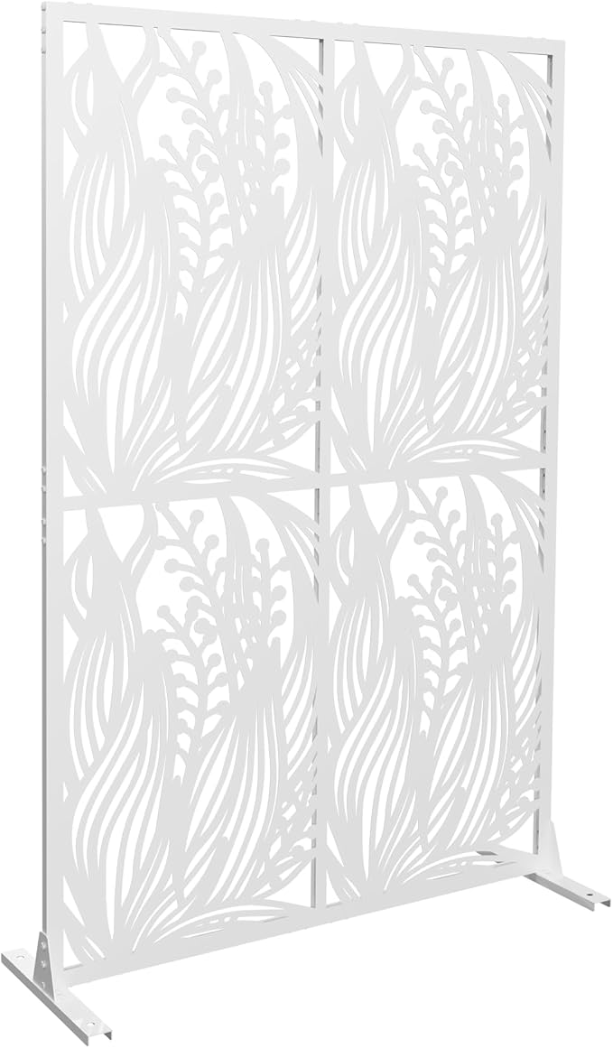 Metal Privacy Screen Room Divider 72" H x 45.3" W, Free Standing Decorative Panel with Bird Design for Indoor Outdoor Use, Black Iron Partition for Patio Balcony Garden (Leaf White)