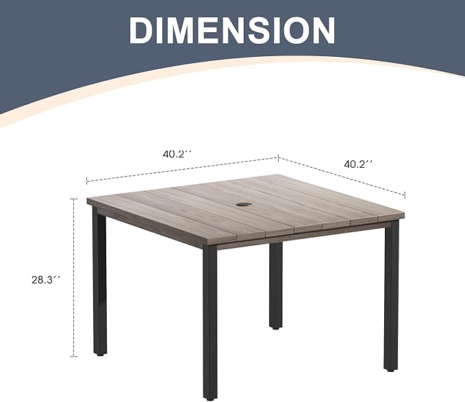 VICLLAX Outdoor Patio Dining Table for 4, Metal Square Patio Table with Umbrella Hole for Backyard Porch, Grey 40.2"