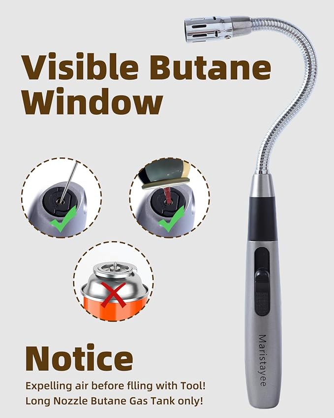 Butane Lighter Long Jet Flame Lighter, Refillable Torch, 360° Flexible Neck, Windproof Jet Flame, Visual Fuel Window, for Fireplace Kitchen Grill BBQ Camping Candle(No Butane Included)