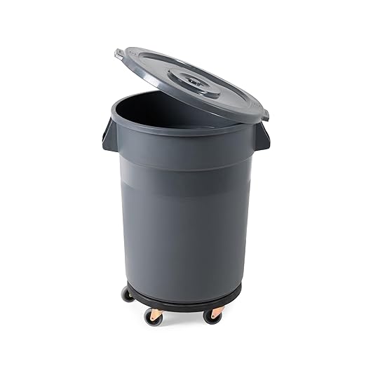 PRO&Family Commercial Round Trash Can with Lid and Dolly Rolling Waste Container, Ingredient Bin, Heavy-Duty Plastic, Anti-Static, Kitchen, Office, Outdoor Use (Gray, 32 Gallon)