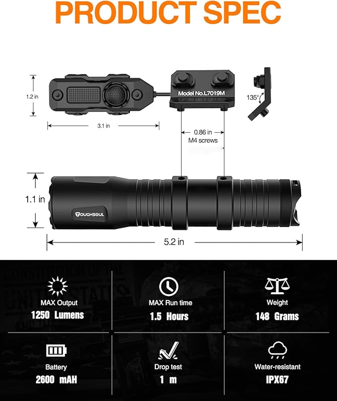 TOUGHSOUL M-Rail Picatinny Tactical Flashlight 1250 Lumens, Rechargeable Flashlight with Remote Pressure Switch LED Light with Rechargeable Batteries and Charger Included (M-Rail Mounted)