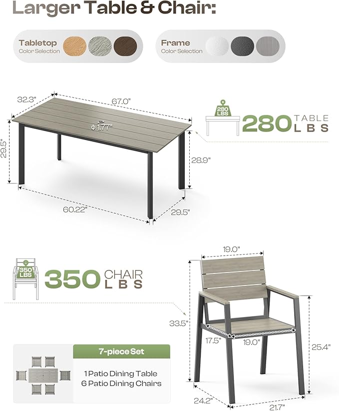 Outdoor Dining Set for 6, Patio Table and Chairs Set with Umbrella Hole, 7 Pieces HDPS + Aluminum Outdoor Furniture Sets for Patio, Garden (Gray)
