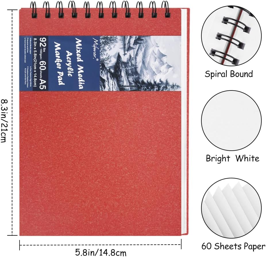 8.3x5.8 Sketch Book, Top Spiral Bound Sketch Pad, 60sheets 92lb/150gsm Bright White Paper, Acid-Free Mixed Media Paper for Painting, Dawing & Art Supplies. B-Red