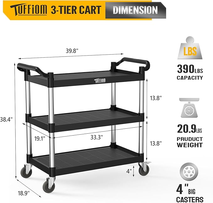 TUFFIOM Plastic Service Utility Cart with Wheels,Heavy Duty 450lbs Capacity, 3-Tier Commercial Rolling, Ideal for Restaurant, Foodservice, Office, Warehouse, Black 40.4''L x 19.7''W x 38.6''H