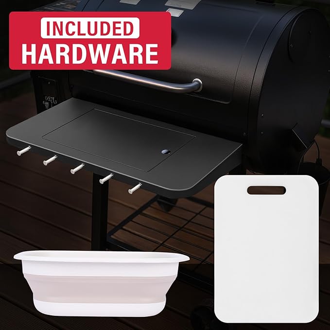 Front Folding Grill Shelf for Pit Boss 700DX, 700FB, 700FB2 & 800FB2, 23.6" × 12.2" Prep Station with Foldable Basin 4-Layer Steel Build, Cutting Board & 5 Hooks,Cover-Friendly Design (Not for 700FB1)