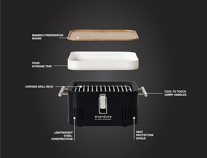 Everdure CUBE Portable Charcoal Grill, Tabletop BBQ, Perfect Tailgate, Beach, Patio, or Camping Grill, Lightweight & Compact Small Grill with Preparation Board & Food Storage Tray, Matte Black