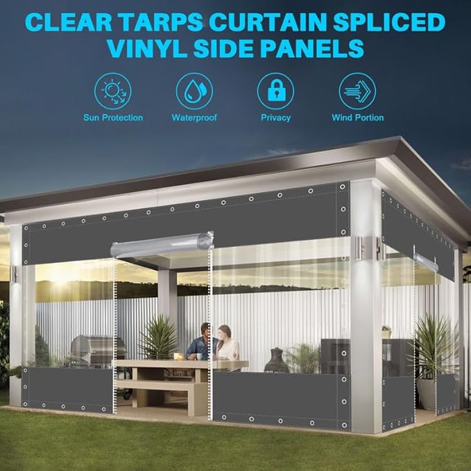 Clear Vinyl Curtains with Zippered Entry, 23oz Heavy Duty Waterproof Anti-UV and Tear-Resistant Tarpaulin with Grommets, Weatherproof Panels for Porch, Pergola, Gazebo, Balcony, Patio, Enclosure