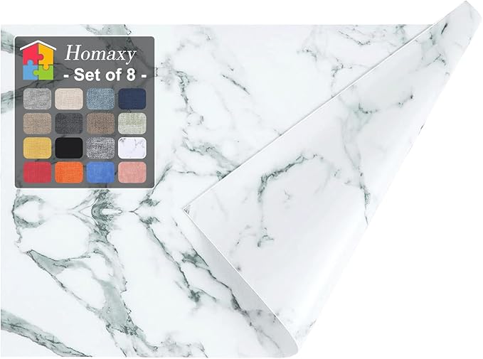Homaxy Faux Leather Heat Resistant Placemats for Dining Table Set of 8, Waterproof Wipeable Washable PU Table Mats, Easy to Clean Anti-Slip Place Mats, 11.8" x 17", Marble