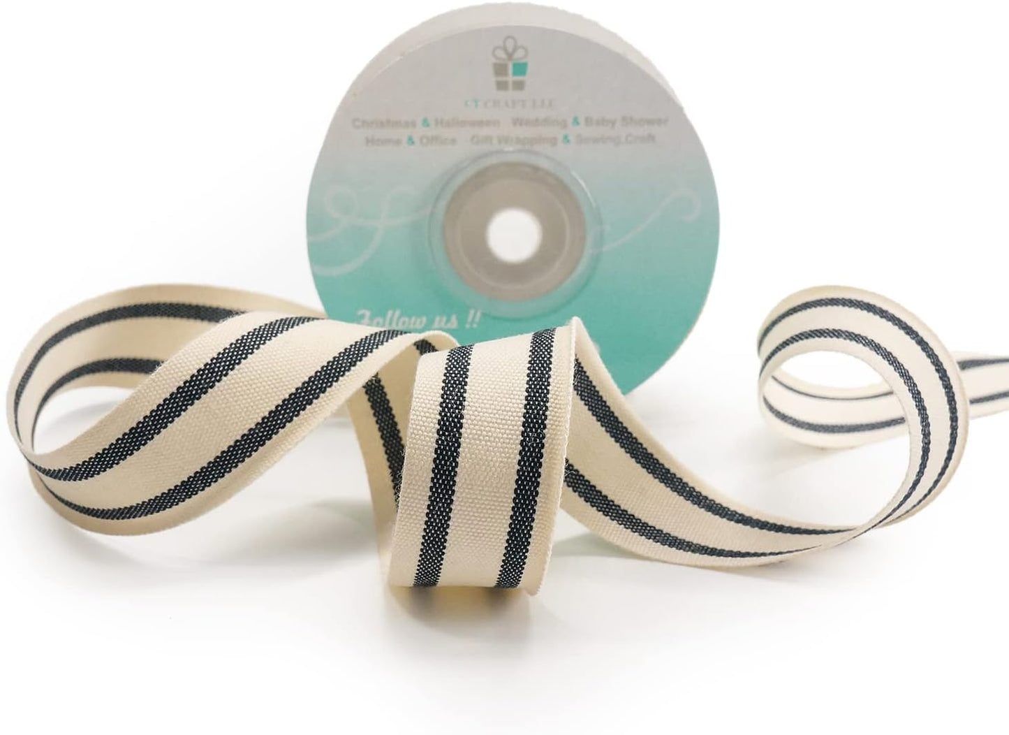 CT CRAFT LLC Ivory Cotton Black Stripes Ribbon 1" x 10 Yards for Home Décor Gift Present Wrapping DIY Crafts Birthday Wedding Bouquet Christmas