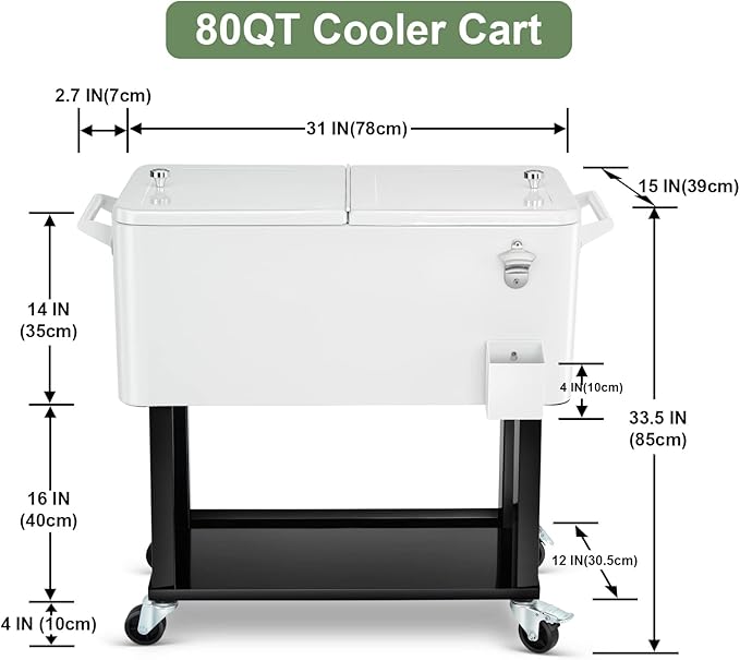 EDOSTORY 80 Quart Rolling Ice Chest Cooler Cart,Patio Backyard Party Drink Beverage Bar Stand Up Cooler Trolley with Ice Scoop