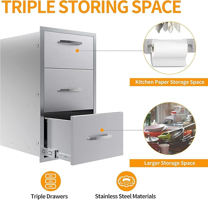 BBQ Outdoor Kitchen Drawers Stainless Steel 3-Drawer BBQ Drawer Enclosed Built-in Drawer Flush Mount for Outdoor Kitchens & BBQ Islands,17Wx30Hx21D Inch