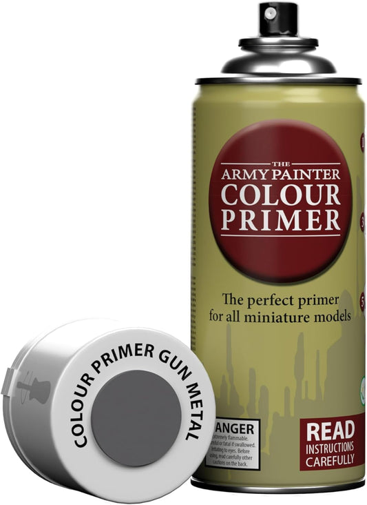 The Army Painter Colour Primer Gun Metal, 400 mL Acrylic Spray Primer, Spray Paint Basecoat for Miniature Priming, Tabletop Roleplaying, Boardgames, and Wargames Miniature Modelling