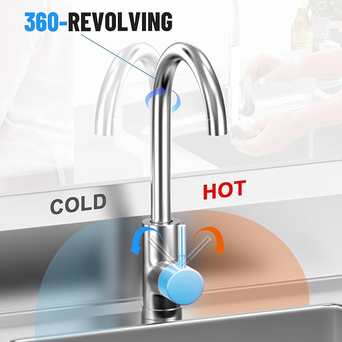 Stainless Steel Utility Sink, 39'' Free Standing Single Bowl Kitchen Sink with Cold and Hot Water Pipe, worktop,Indoor and Outdoor for Laundry Room Farmhouse Kitchen