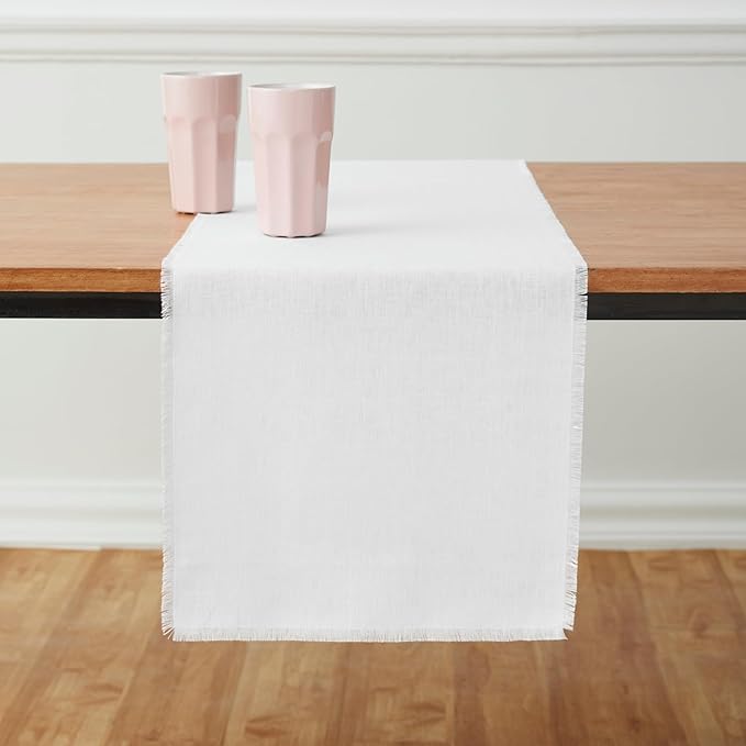 Solino Home Linen White Table Runner 108 Inches Long - Fringe, 100% Pure Linen Dining Table Runner 14 x 108 Inch for Winter, Valentines, Spring, Easter